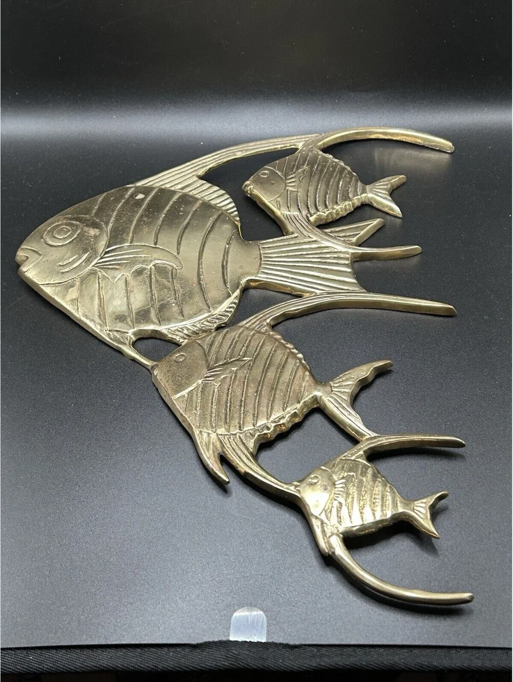 Vintage MCM Cluster Of 4 Brass Angel Fish Wall Decor 10”x 13” Natural Patina 